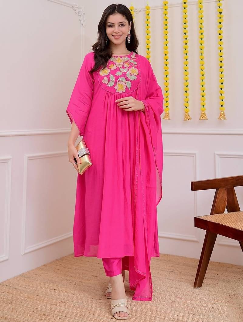 Hot pink chanderi silk heavy thread embroidery work kurta pant set