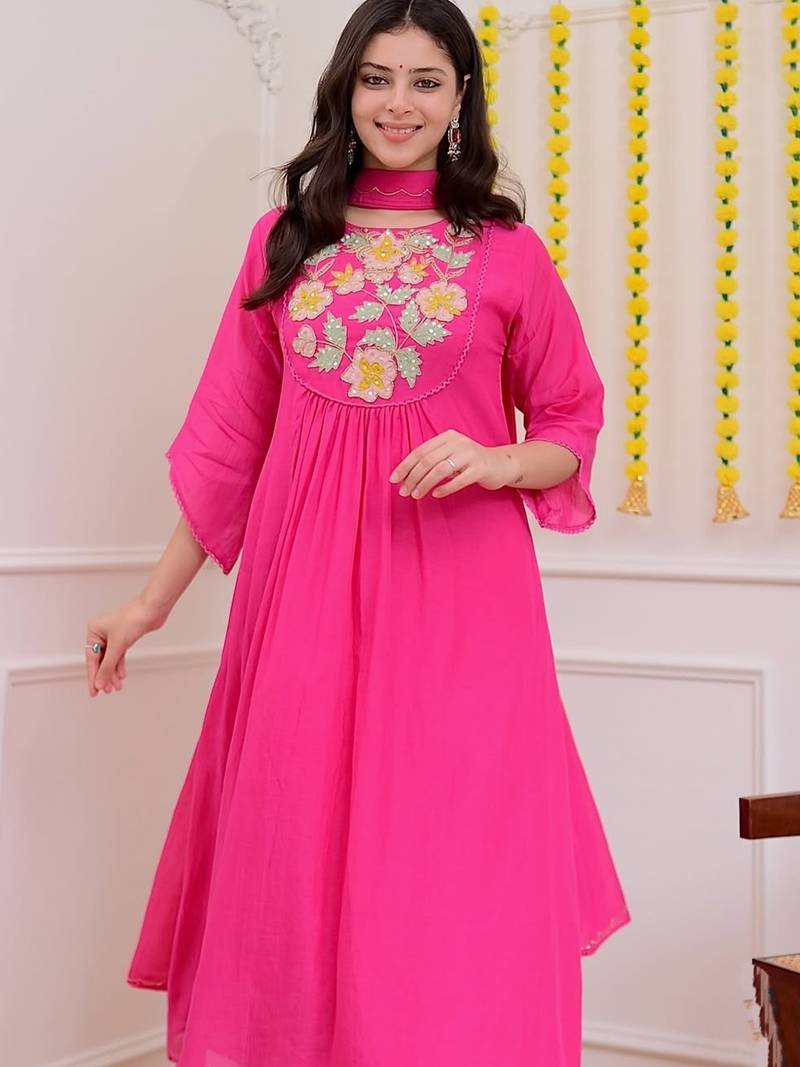 Hot pink chanderi silk heavy thread embroidery work kurta pant set