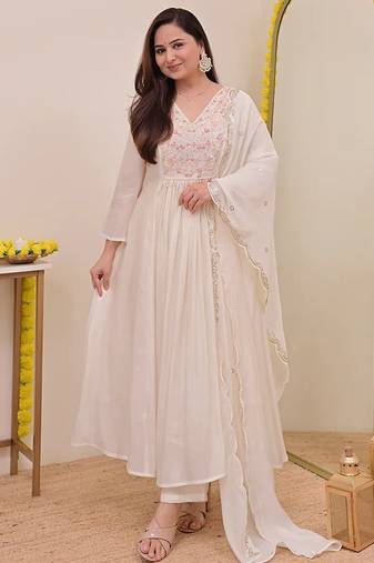 Cream chanderi silk heavy thread embroidery work kurta pant set