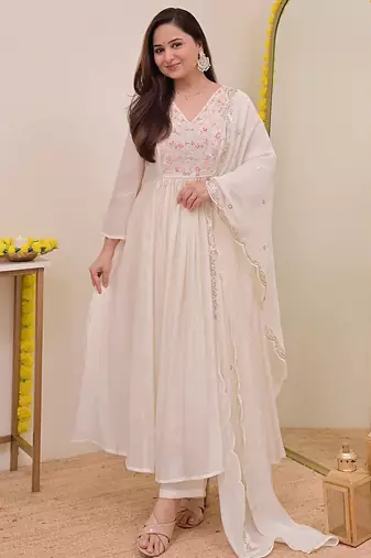 Cream chanderi silk heavy thread embroidery work kurta pant set