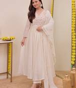 Cream chanderi silk heavy thread embroidery work kurta pant set