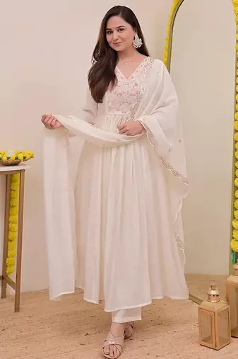 Cream chanderi silk heavy thread embroidery work kurta pant set