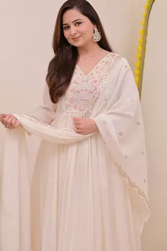 Cream chanderi silk heavy thread embroidery work kurta pant set