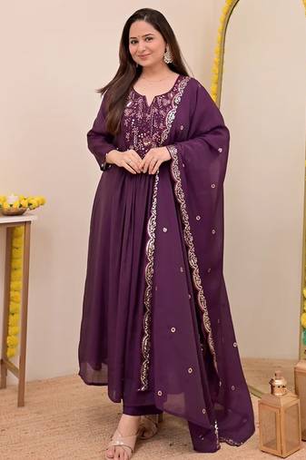 Purple chanderi silk heavy thread embroidery work kurta pant set