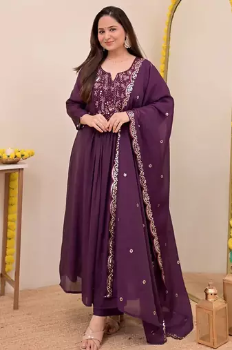 Purple chanderi silk heavy thread embroidery work kurta pant set