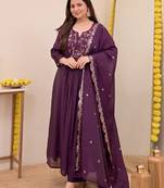Purple chanderi silk heavy thread embroidery work kurta pant set