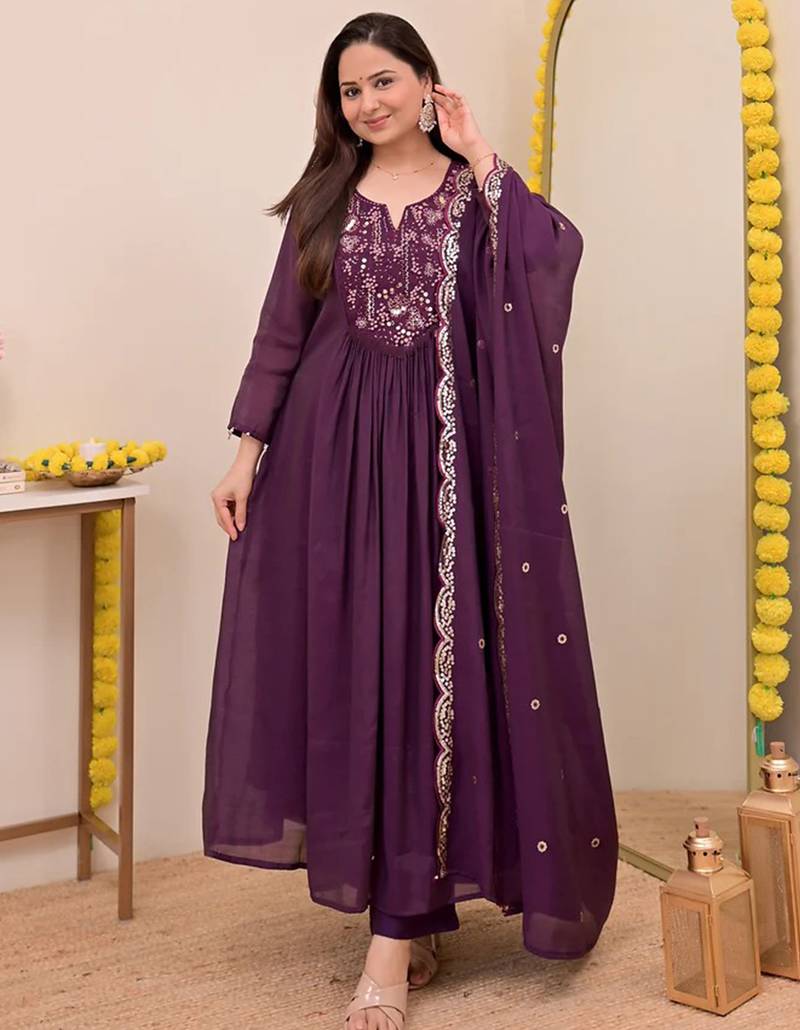 Purple chanderi silk heavy thread embroidery work kurta pant set