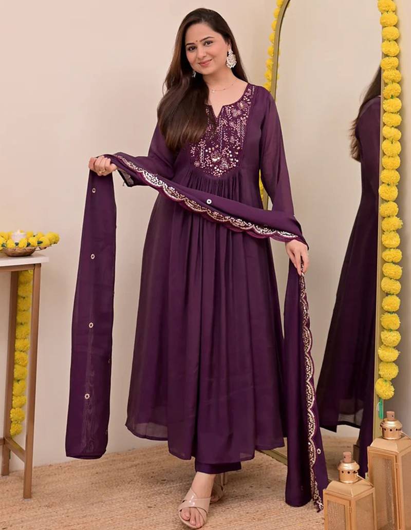 Purple chanderi silk heavy thread embroidery work kurta pant set
