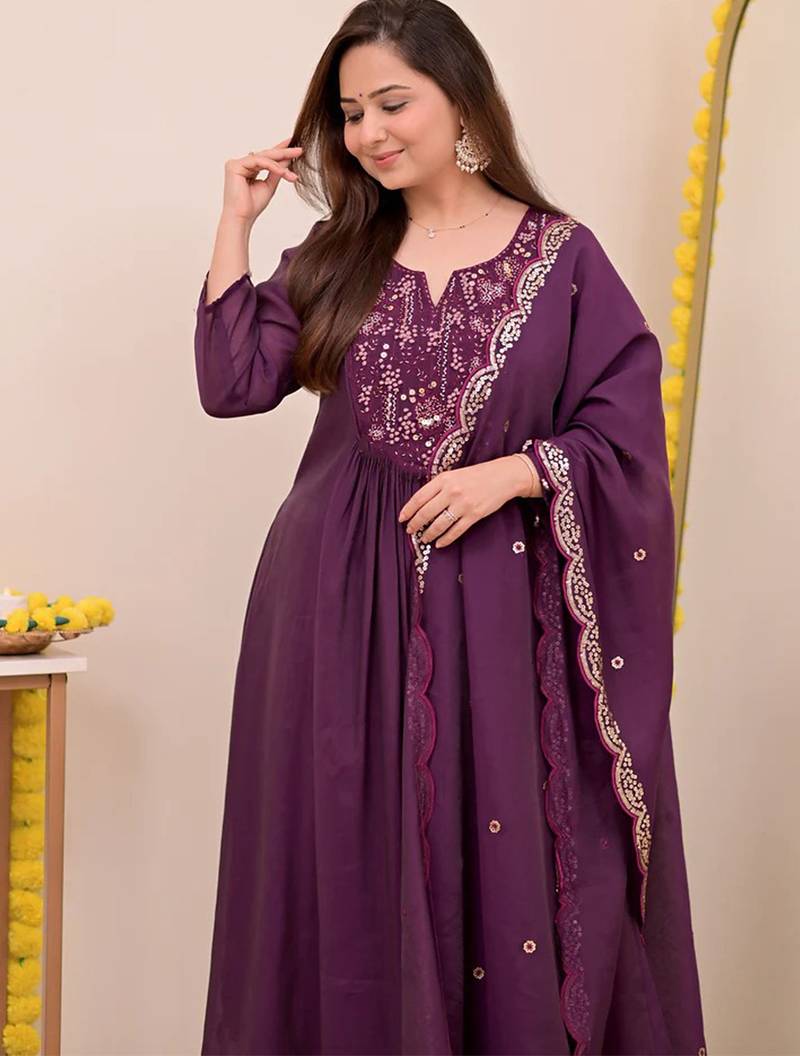 Purple chanderi silk heavy thread embroidery work kurta pant set