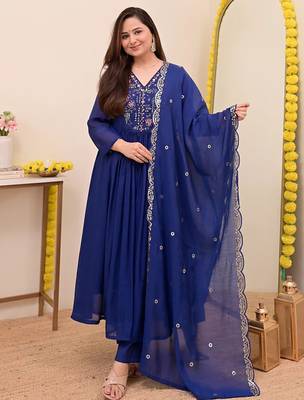 Blue chanderi silk heavy thread embroidery work kurta pant set 1