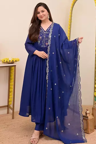Blue chanderi silk heavy thread embroidery work kurta pant set