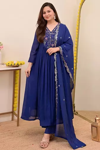 Blue chanderi silk heavy thread embroidery work kurta pant set