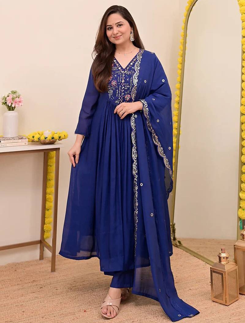 Blue chanderi silk heavy thread embroidery work kurta pant set