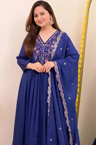 Blue chanderi silk heavy thread embroidery work kurta pant set