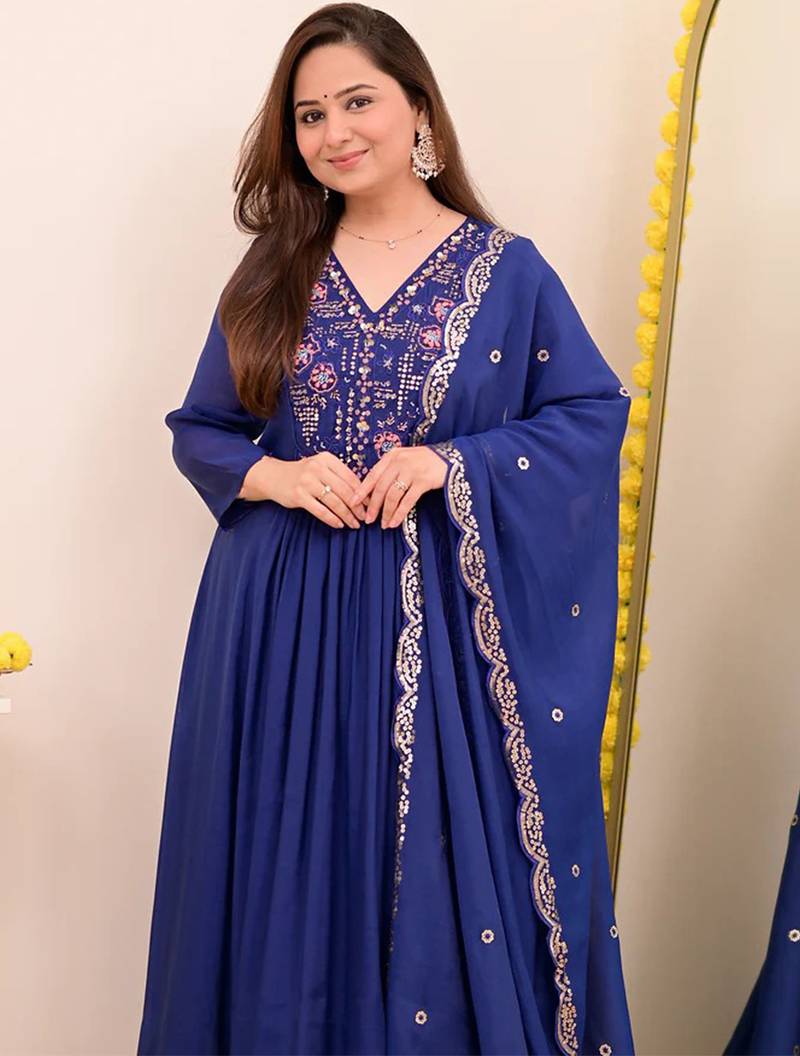 Blue chanderi silk heavy thread embroidery work kurta pant set