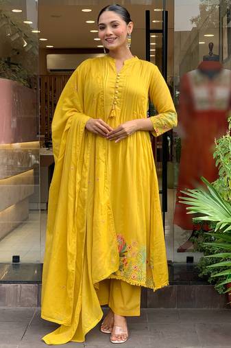 Mustard chanderi silk heavy thread embroidery work kurta pant set