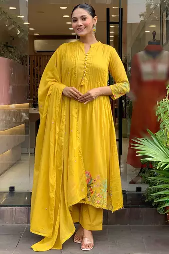 Mustard chanderi silk heavy thread embroidery work kurta pant set