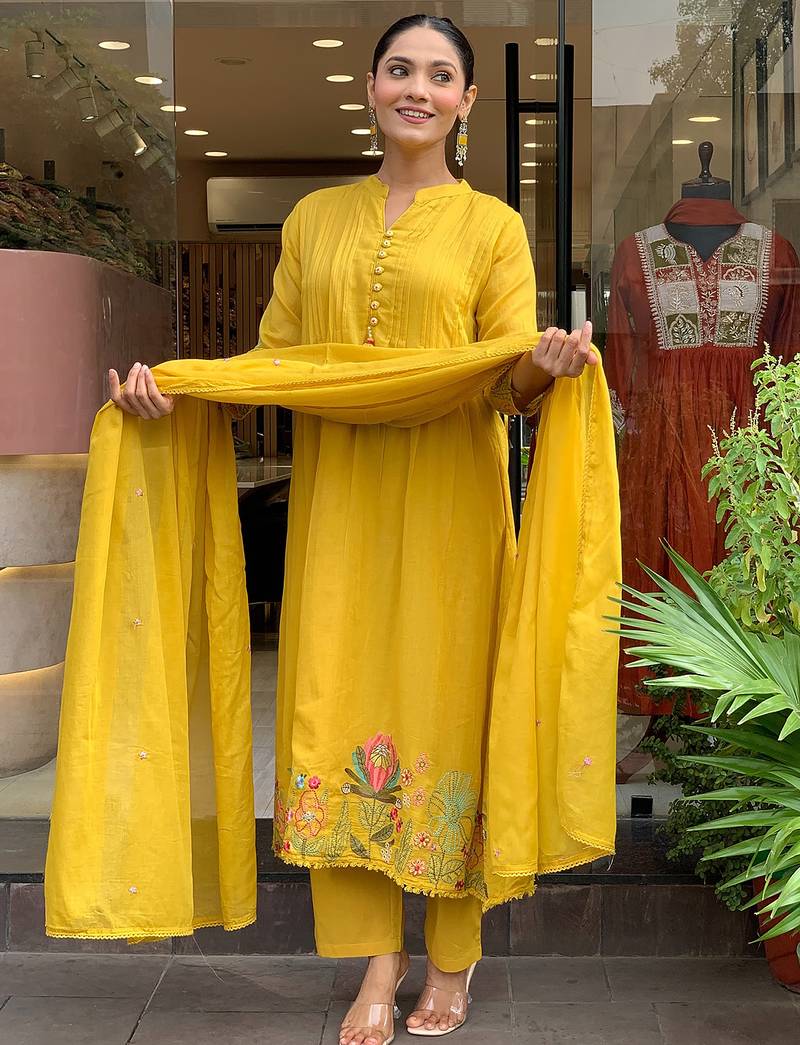 Mustard chanderi silk heavy thread embroidery work kurta pant set