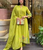 Lime chanderi silk heavy thread embroidery work kurta pant set