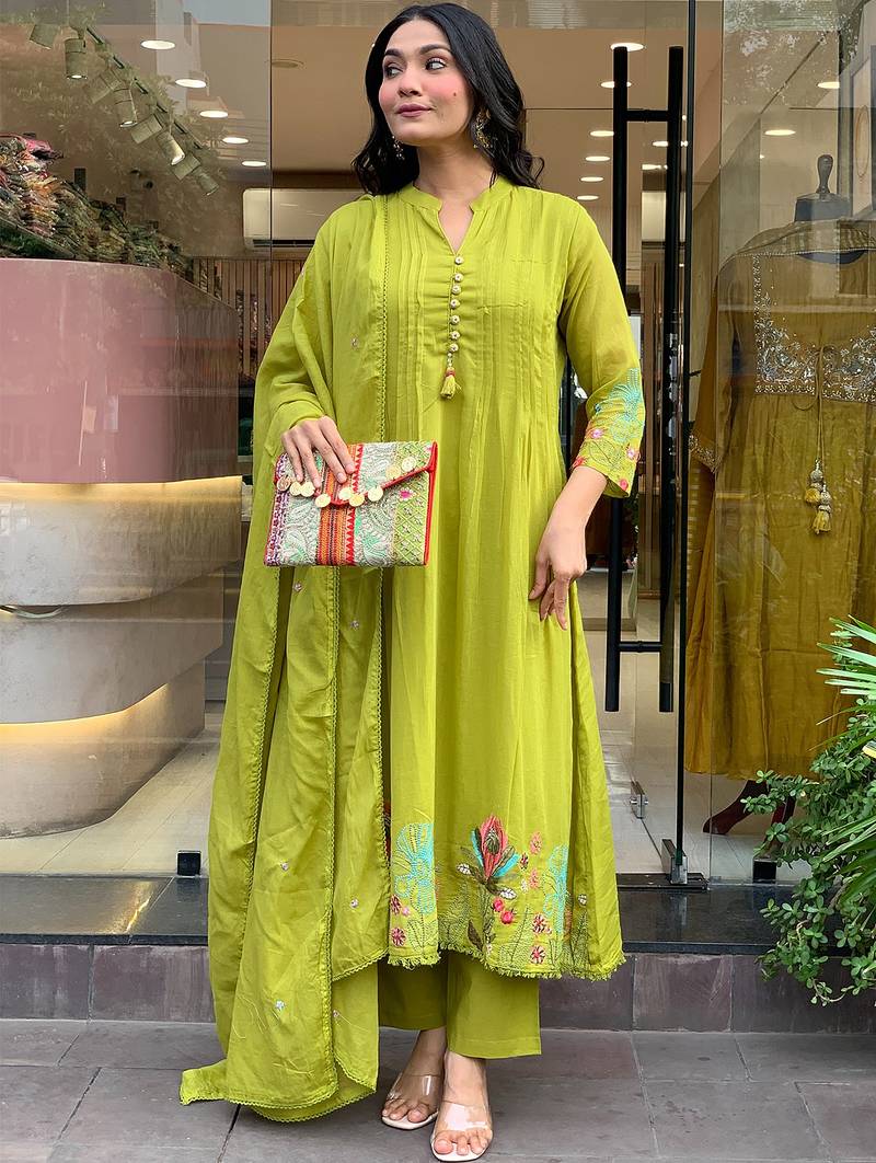 Lime chanderi silk heavy thread embroidery work kurta pant set