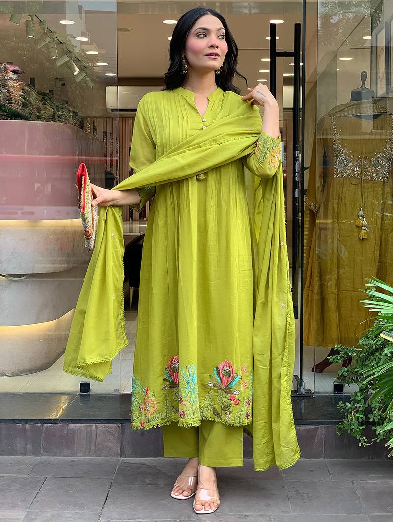 Lime chanderi silk heavy thread embroidery work kurta pant set