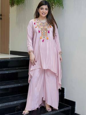 Pink french crepe heavy thread embroidery work co-ord set 1