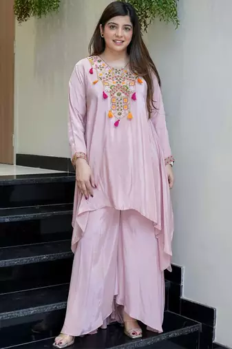 Pink french crepe heavy thread embroidery work co-ord set