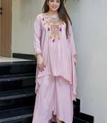 Pink french crepe heavy thread embroidery work co-ord set