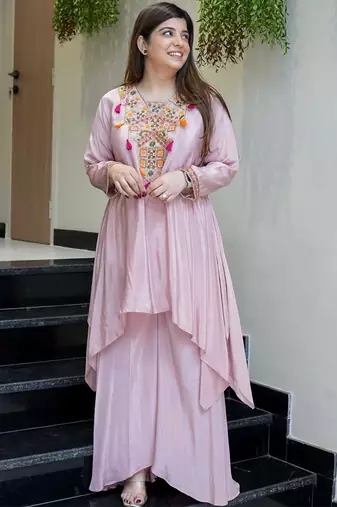Pink french crepe heavy thread embroidery work co-ord set
