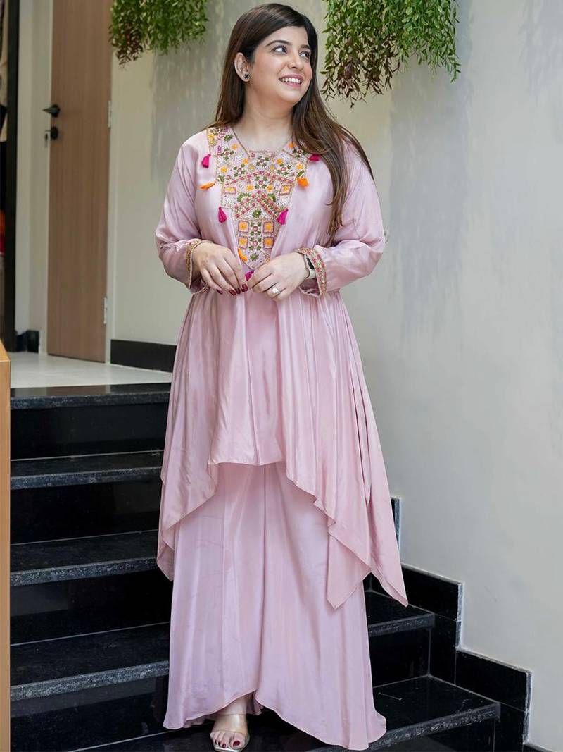 Pink french crepe heavy thread embroidery work co-ord set