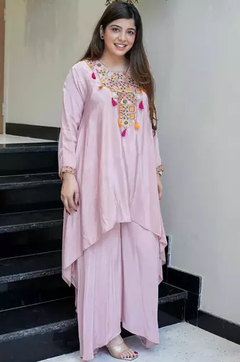 Pink french crepe heavy thread embroidery work co-ord set