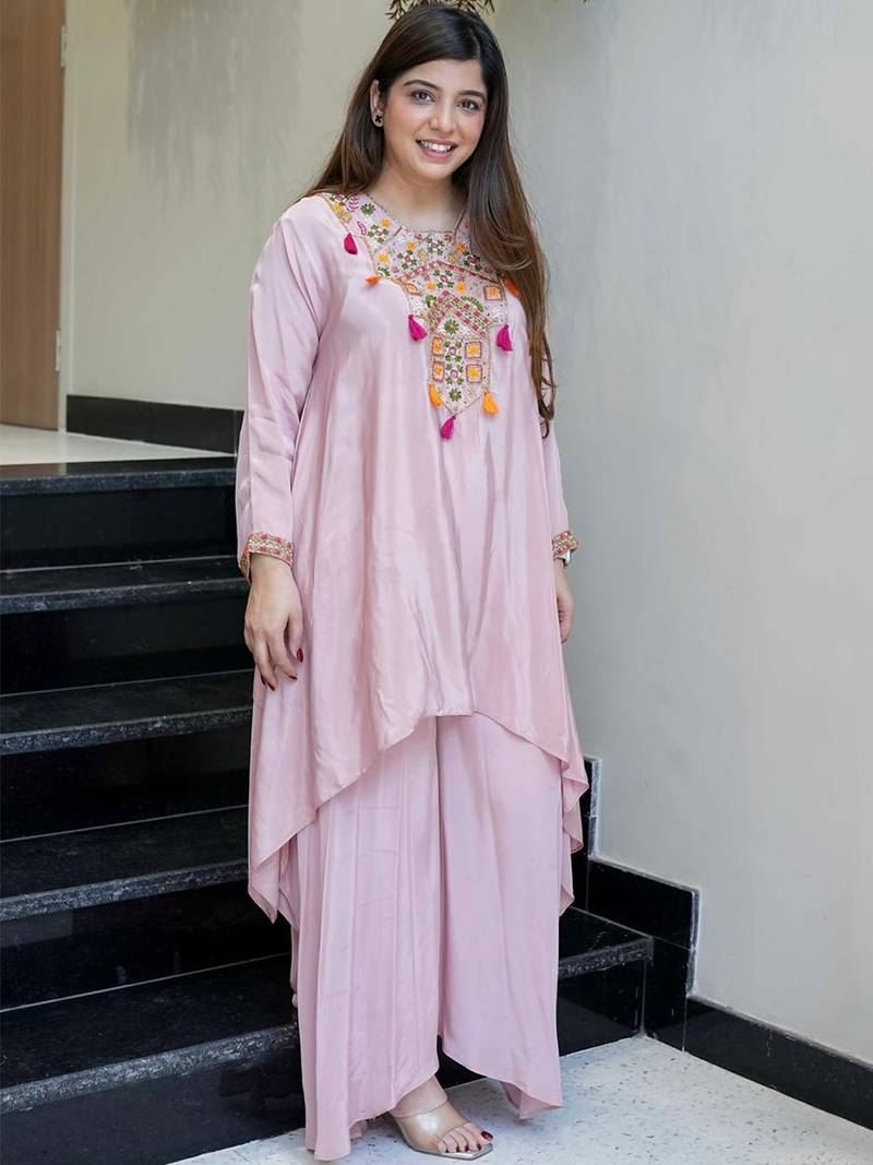 Pink french crepe heavy thread embroidery work co-ord set