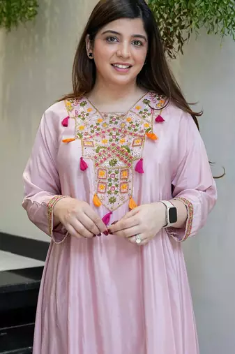 Pink french crepe heavy thread embroidery work co-ord set