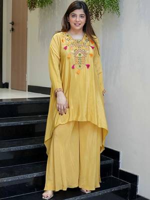 Yellow french crepe heavy thread embroidery work co-ord set 1