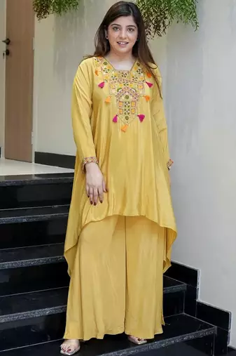 Yellow french crepe heavy thread embroidery work co-ord set