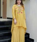 Yellow french crepe heavy thread embroidery work co-ord set