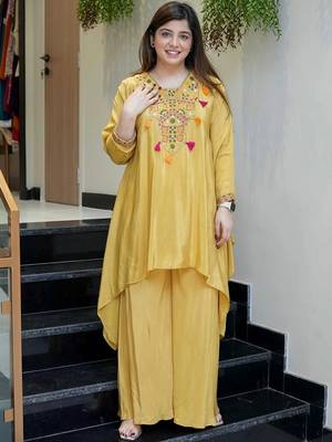Yellow french crepe heavy thread embroidery work co-ord set 2