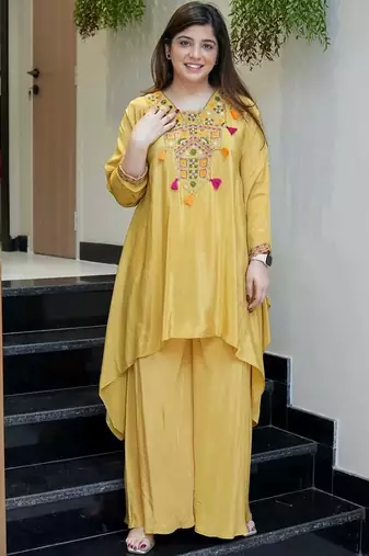 Yellow french crepe heavy thread embroidery work co-ord set