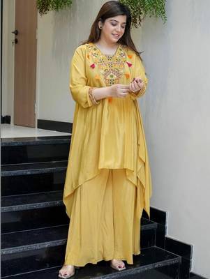 Yellow french crepe heavy thread embroidery work co-ord set 4