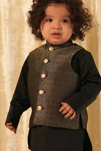 Black embroidered brocade nehru jacket