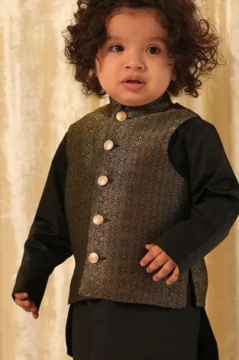 Black embroidered brocade nehru jacket
