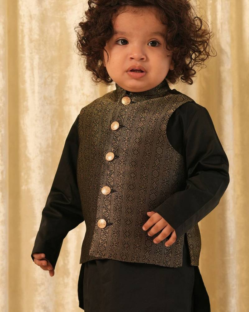 Black embroidered brocade nehru jacket