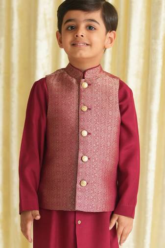 Maroon embroidered brocade nehru jacket