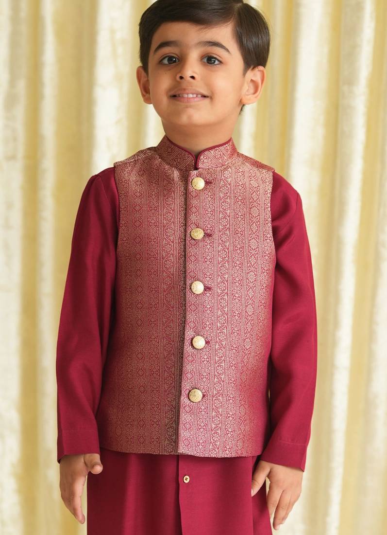Maroon embroidered brocade nehru jacket
