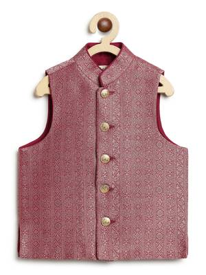 Maroon embroidered brocade nehru jacket 4