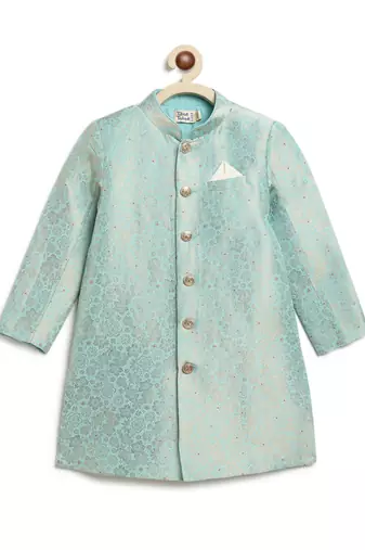 Blue embroidered brocade bandhgala set