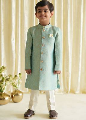 Blue embroidered brocade bandhgala set 1