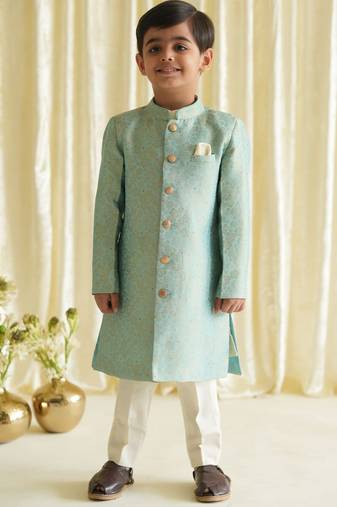 Blue embroidered brocade bandhgala set