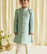 Blue embroidered brocade bandhgala set