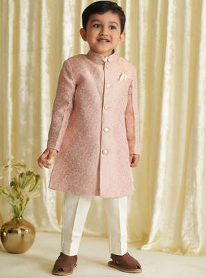 Pink embroidered brocade bandhgala set 1